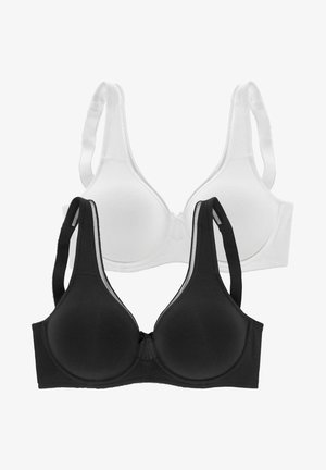 Due bras: uno nero e uno bianco. Entrambi presentano un tessuto liscio e elastico, un design senza cuciture e spalline regolabili con chiusura a gancio standard.
