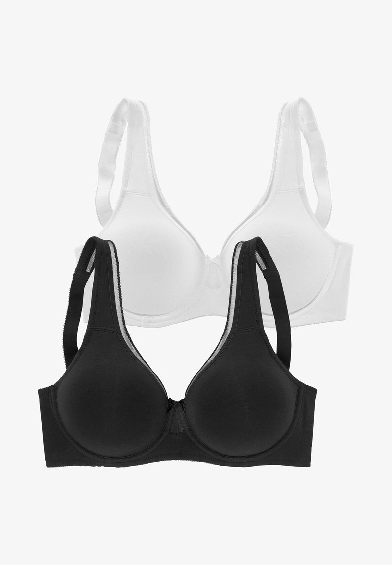 Twee bh's: één zwart, één wit. Beide hebben een gladde, rekbare stof, een naadloos ontwerp en verstelbare bandjes met een standaard haaksluiting.