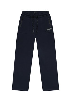 Marineblaue Jogginghose mit elastischem Bund, schwarzen Kordeln, zwei vorderen Reißverschlusstaschen und einem kleinen weißen Logo auf der rechten Tasche.
