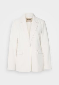 Weißer Blazer mit taillierter Passform, Reverskragen, zwei Fronttaschen und einer Knopfleiste. Glattes Material mit dezentem Glanz.