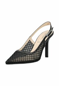 Chaussure à talon haut noire en maille, bride arrière, bout pointu et boucle réglable.