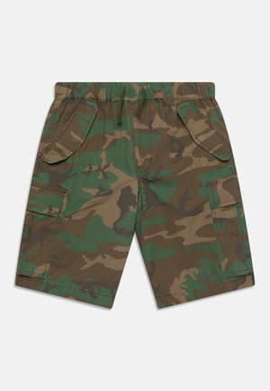 Camouflage cargoshorts in groen- en bruintinten, met een elastische tailleband, koord en twee zijcargopockets.