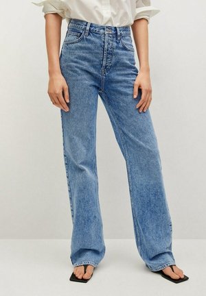 Jeans azzurri a vita alta con silhouette dritta. Realizzati in denim con cuciture visibili e design a cinque tasche.