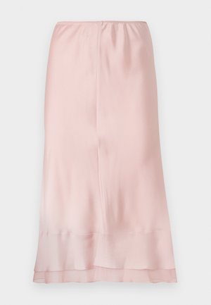 Rózsaszín selyem szoknya rugalmas derékkal, középhosszú, sima textúrával és áttetsző szegéllyel, ami réteges hatást kelt.
