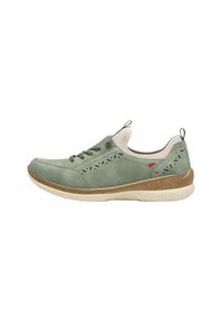 Chaussure en cuir vert clair avec un design perforé, des accents beiges, un bout rond et une semelle intermédiaire en liège texturé. Dispose d'un système de laçage et d'une languette.