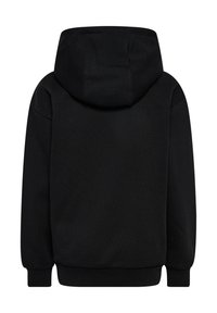 Schwarzer Kapuzenpulli mit Kordelzug, gerippten Bündchen und Saum. Hergestellt aus weichem Material mit glatter Textur, minimalistischem Design.