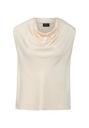 Blouse sans manches en satin crème avec col bénitier drapé et coupe décontractée.