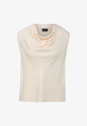 Mouwloze crèmekleurige satijnen blouse met gedrapeerde col halslijn en een losse pasvorm.