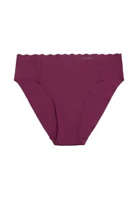 Braguitas de bikini moradas con cinturilla en forma de ondas, hechas de un tejido suave. Presentan una costura mínima y un logo discreto en el lateral.