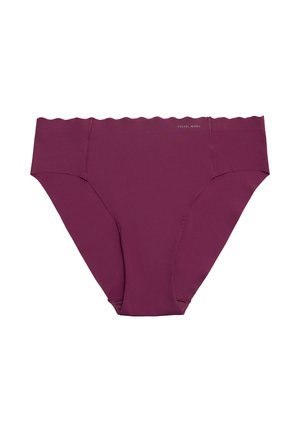 Braguitas de bikini moradas con cinturilla en forma de ondas, hechas de un tejido suave. Presentan una costura mínima y un logo discreto en el lateral.
