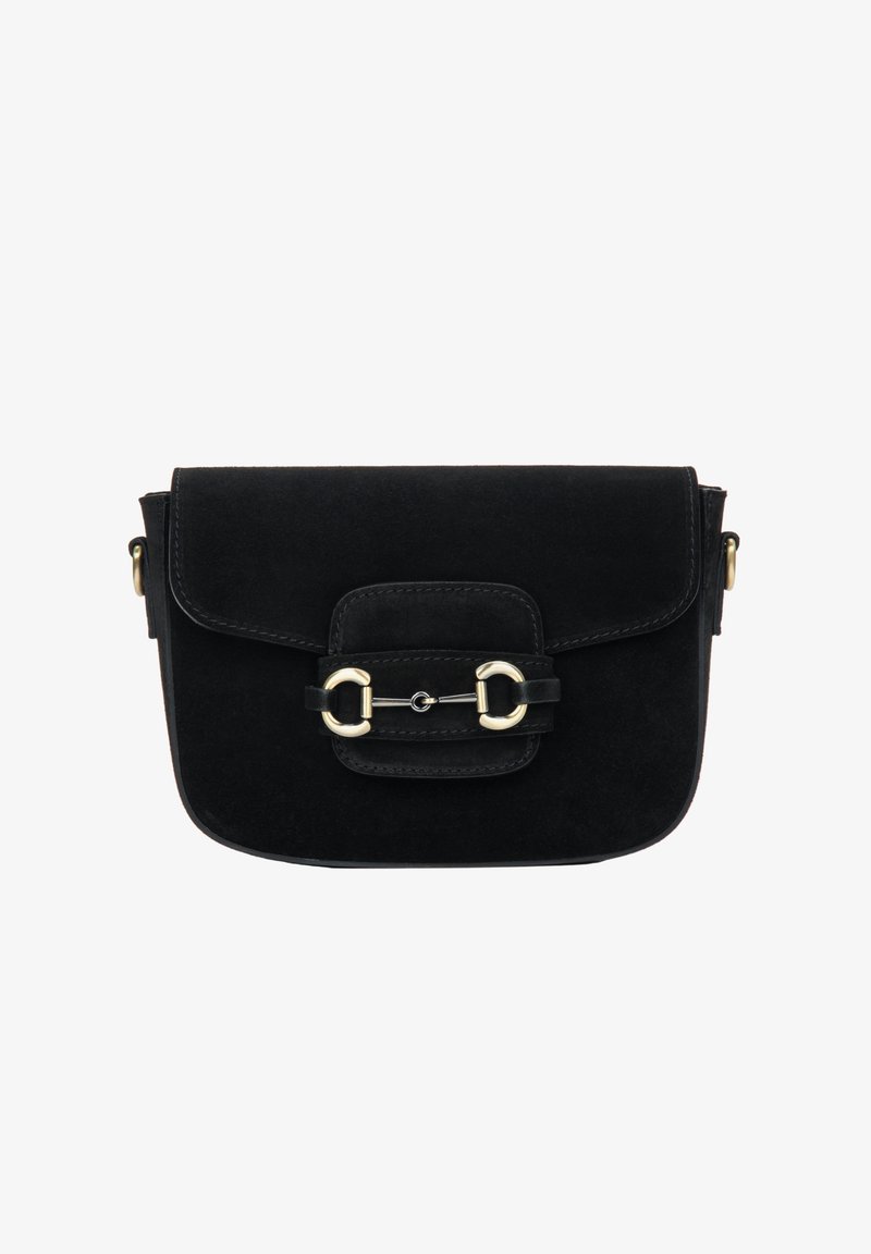 Czarna torebka na ramię zamszowa z klapką zapinaną na zatrzask, ozdobiona dekoracyjną złotą klamrą i przeszyciami wzdłuż krawędzi.