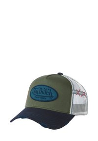 Casquette trucker verte et marine avec un dos en mesh, ornée d'un patch en logo brodé bleu. Sangle ajustable avec des coutures rouges décoratives.
