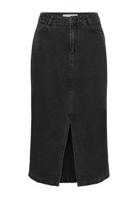 Jupe en denim noir avec une fente avant, de conception mi-longue et taille classique. Dispose de deux poches avant et d'une finition soignée.
