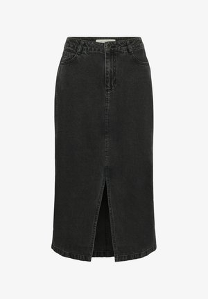 Czarna spódnica dżinsowa z rozporkiem z przodu, o średniej długości i klasycznym pasie. Posiada dwie przednie kieszenie i czyste wykończenie.