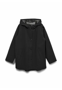 Imperméable noir avec capuche, fermeture à boutons-pression et deux poches latérales. Confectionné dans un matériau lisse et imperméable avec une coupe décontractée.