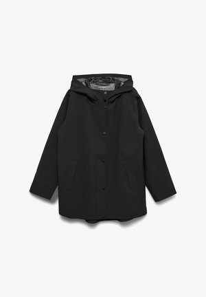 Black raincoat featuring a hood, snap button closure, and two side pockets. Made of smooth, waterproof material with a relaxed fit.