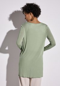 Langearmige top in lichtgroen, met een zachte textuur en afgeronde zoom. De achterkant toont aansluitende mouwen en een ontspannen silhouet.