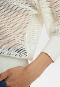 Weißer Netzpullover mit offenem Strickdesign, gerippten Bündchen und einer weichen Textur. Der Saum ist hinten etwas länger.