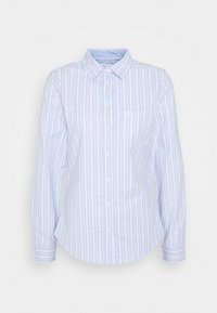 Hellblaues Langarmshirt mit vertikalen Streifen in Pink und Weiß, Knopfverschluss, Kragen, seitlicher Brusttasche, glatte Stofftextur.