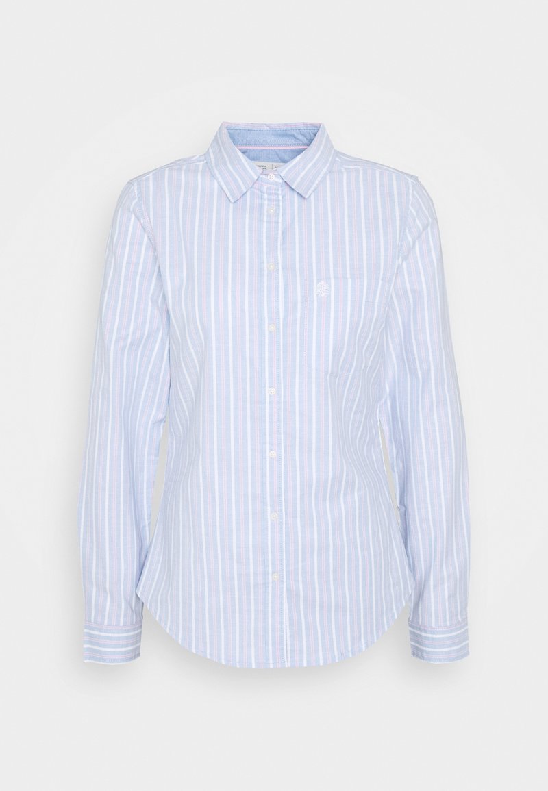Hellblaues Langarmshirt mit vertikalen Streifen in Pink und Weiß, Knopfverschluss, Kragen, seitlicher Brusttasche, glatte Stofftextur.
