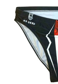 Caleçons de bain noirs avec des motifs géométriques rouges et blancs contrastants. Présente le logo Mr Ukko et une taille élastique avec doublure intérieure.