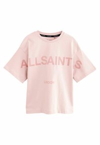Šviesiai rožinė medvilninė marškinėliai trumpomis rankovėmis, su ryškiu užrašu "ALLSAINTS" tamsesniu rožiniu, o žemiau mažesniu šriftu "LONDON".