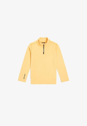 Geel fleece sweatshirt met een ritssluiting, lange mouwen, flatlock-naden en logoprints op de borst en mouw. Zachte textuur, lichtgewicht ontwerp.