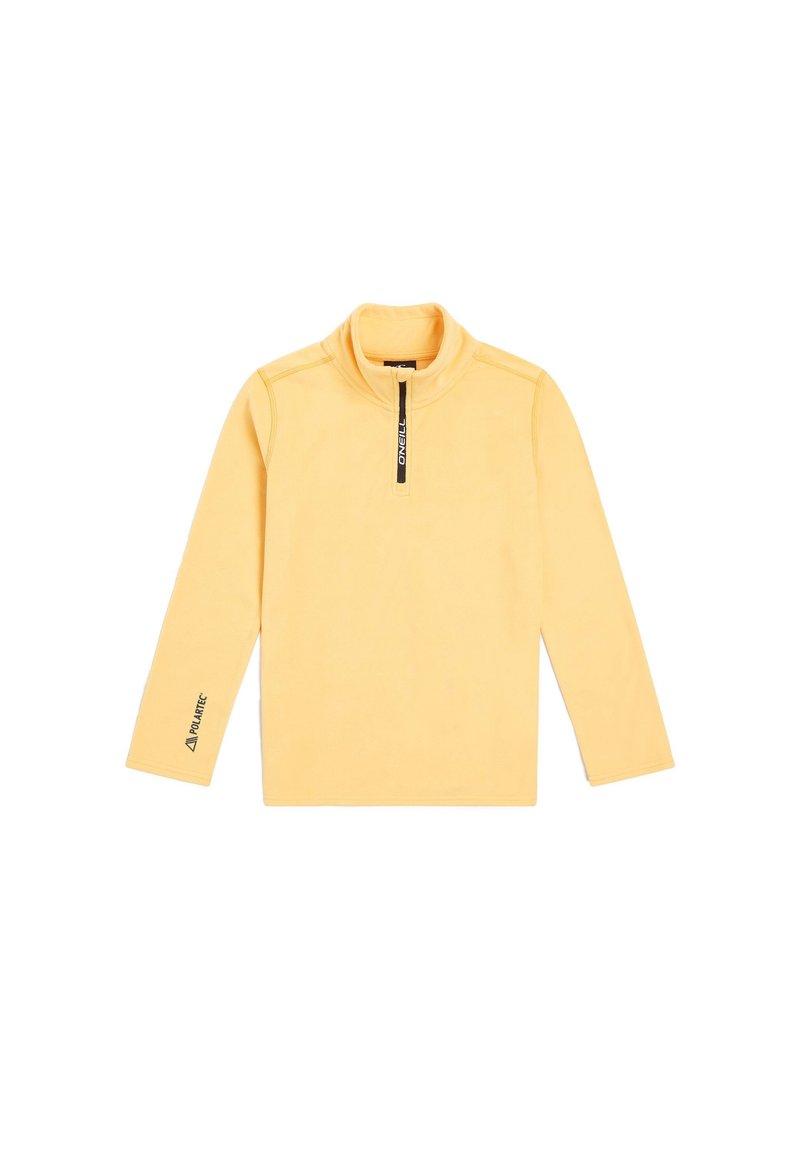 Gelber Fleece-Pullover mit Reißverschlusskragen, langen Ärmeln, Flachnähte und Logo-Akzenten auf der Brust und dem Ärmel. Weiche Textur, leichtes Design.