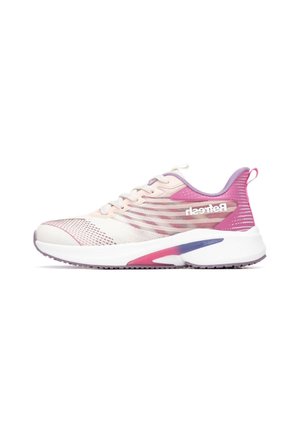 Zapatillas deportivas ligeras con parte superior de malla en blanco y detalles en degradado de rosa a púrpura. Cuenta con una suela acolchada y cordones.