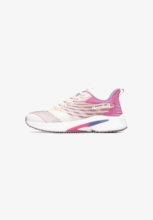 Zapatillas deportivas ligeras con parte superior de malla en blanco y detalles en degradado de rosa a púrpura. Cuenta con una suela acolchada y cordones.