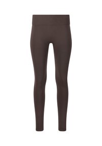 Braune Leggings mit glatter Textur, hohem Bund und figurbetontem Design, ohne Muster oder sichtbare Hardware.