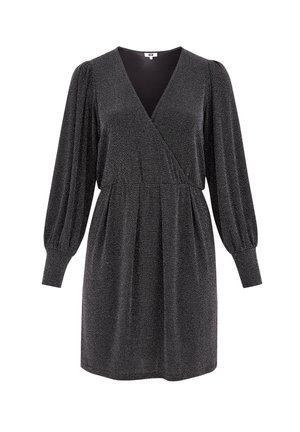 Abito nero con maniche lunghe a sbuffo, scollo a V e vita cintrata. Tessuto strutturato con un motivo sottile. Lunghezza fino a metà coscia.