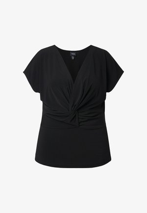 Sort kortærmet top med dyb V-udskæring og snoet frontdetalje. Lavet af blødt, strækbart stof. Glat tekstur og afslappet pasform.
