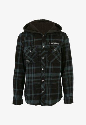 Svart och mörkgrön rutigt flanellskjorta med huva, med knäppningar, två bröstfickor och en broderad logotyp på vänster sida.