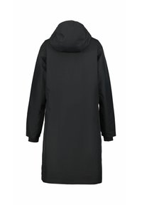 Parka nera impermeabile con cappuccio, maniche lunghe e orlo dritto. Texture liscia e design minimalista, senza chiusure o motivi visibili.