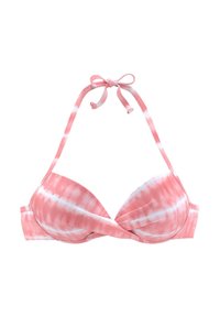 Roze tie-dye bikini top met gemolde cups en halternek ontwerp. Zachte stof met een gedraaide voorkant en verstelbare nekstrikken.