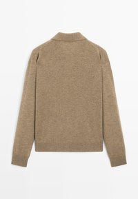 Maglione marrone lavorato a maglia con scollo a collo, maniche lunghe e polsini e orlo a costine. Tessuto morbido, design semplice.