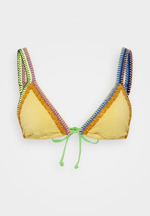 Yellow triangular bikini top with multicolored stitching details. Thin straps with green ties at the center. Sparkly texture throughout.