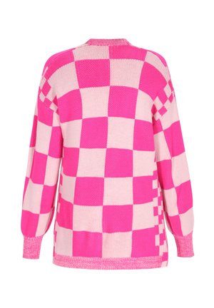 Pulover supradimensionat cu model în carouri roz și roz pal, cu mâneci lungi și manșete cu textură rib and. Material texturat, design cu guler rotund.