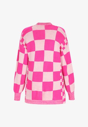 Pulover supradimensionat cu model în carouri roz și roz pal, cu mâneci lungi și manșete cu textură rib and. Material texturat, design cu guler rotund.