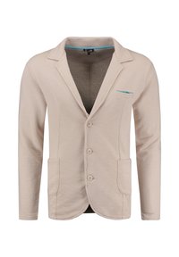 Beige Herrenblazer mit drei Knöpfen, zwei vorderen Taschen, einer kleinen Brusttasche mit blauer Futterung und einem Reverskragen.