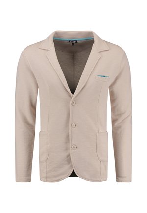 Beżowa marynarka męska z trzema guzikami, dwoma kieszeniami z przodu, małą kieszonką na piersi z niebieskim wykończeniem i kołnierzykiem z wycięciem.