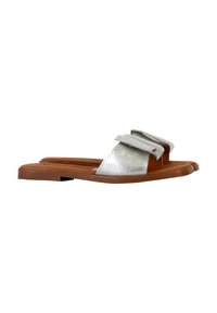Infradito metallici argento con due fiocchi piatti, suola marrone piatta e design open toe. Texture liscia e forma semplice e minimalista.