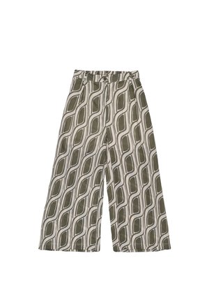 Pantaloni a gamba larga in un motivo verde oliva e beige con linee ondulate. Realizzati in tessuto leggero con una vita elastica e dettagli minimi.