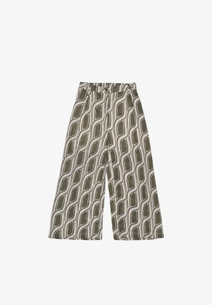 Pantaloni a gamba larga in un motivo verde oliva e beige con linee ondulate. Realizzati in tessuto leggero con una vita elastica e dettagli minimi.