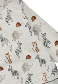 Light gray fabric featuring a whimsical animal print: zebras, elephants, tigers, and tortoises in earthy tones. Includes a "nature time" label.
