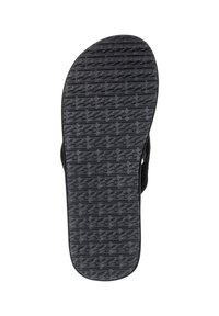 Semelle de sandale noire en caoutchouc texturé, dotée d'un design de grip à motif. Forme arrondie avec un profil plat, sans accents supplémentaires.