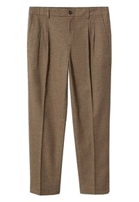 Ruske ručne karirane hlače s ravnim prednjim dijelom, dva nabora, bočnim džepovima i gumbom za zatvaranje. Izrađene su od teksturirane tkanine.