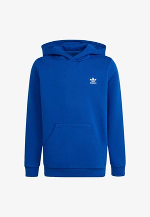 Sweat à capuche bleu en tissu mélangé coton. Comprend une poche kangourou à l'avant, une capuche avec cordon de serrage, et un logo Adidas blanc sur la poitrine.