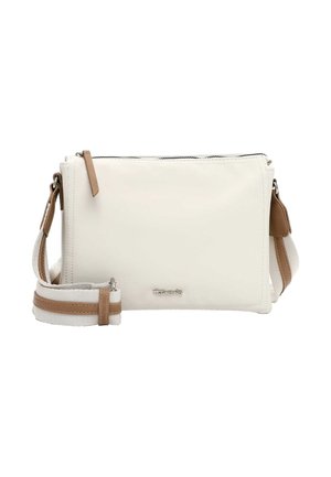 Mała kremowa torebka na ramię z srebrnym zamkiem błyskawicznym, beżowym skórzanym uchwytem zamka oraz regulowanym paskiem materiałowym z beżowymi skórzanymi akcentami.